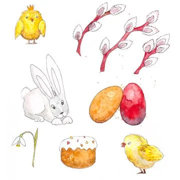 Set of watercolor Easter elements on a white background. Rabbit, chicken 库存插图