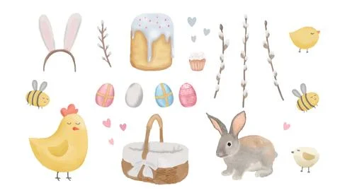 Set of watercolor Easter items. Easter cake, cart, egg, bee, flower on a whit Stock Illustration