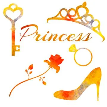 Set of watercolor elements princess. Rose, diadem, key, ring and shoe. Stock Illustration