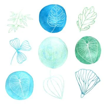 Set of watercolor elements. Turquoise circles and floral elements. trend colo Stock Illustration