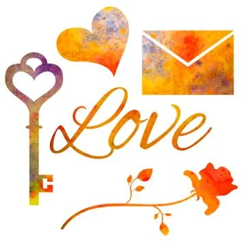 Set of watercolor elements for Valentine's day. Stock Illustration