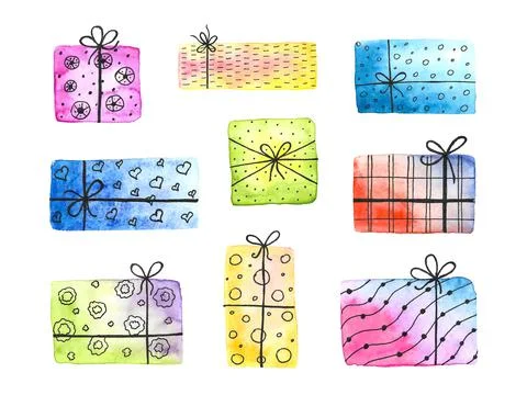 Set of watercolor gift boxes. Stock Illustration