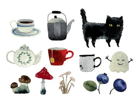 Set of watercolor objects Stock Illustration