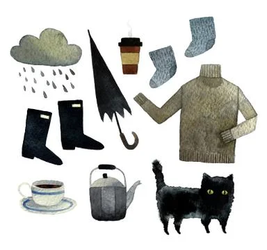 Set of watercolor objects Stock Illustration