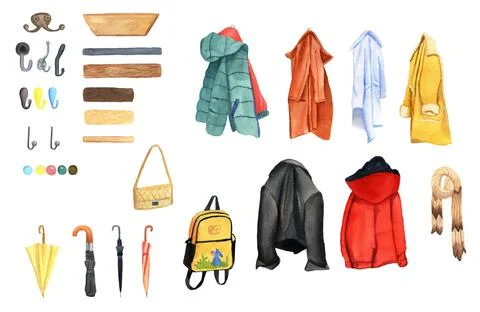 Set of watercolor objects of outerwear and scarf hanging on hanger. Clothing Stock Illustration