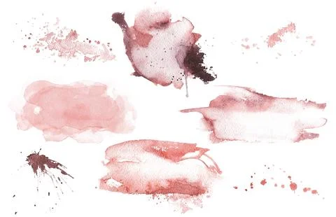 Set of watercolor painted pink elements. Hand drawn background with stains and Stock Illustration