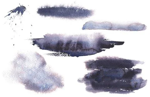 Set of watercolor painted violet elements isolated on white background Stock Illustration