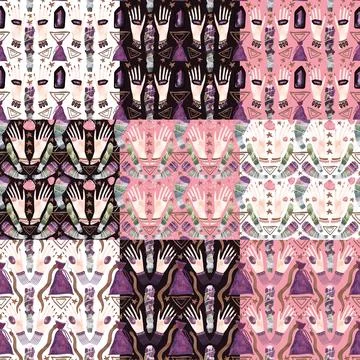 A set of watercolor patterns with witch hands, herbology, lithomancy and Stock Illustration