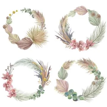 Set of watercolor round frames with orchids and dry palm leaves and eucalyptus Illustrazione stock