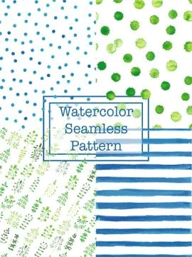 Set of watercolor seamless patterns blue and green color. Illustrazione stock