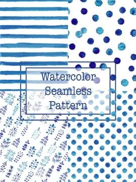Set of watercolor seamless patterns blue color. Stock Illustration
