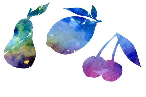 Set watercolor silhouettes fruit and berries on a white background Stock Illustration