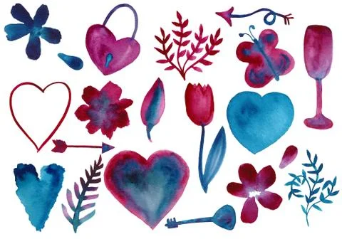 Set of watercolor spring design elements of turquoise and purple color Stock Photos