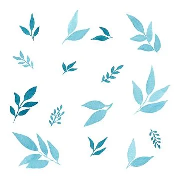 Set of watercolor teal leaves isolated on white Stock Illustration