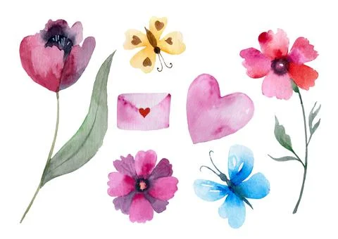 Set of watercolor valentine elements spring love collection illustration x Illustrazione stock