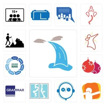 Set of waterfall, dab, live support, broken glass, grammar, christmas bulb, d Illustrazione stock gratuita