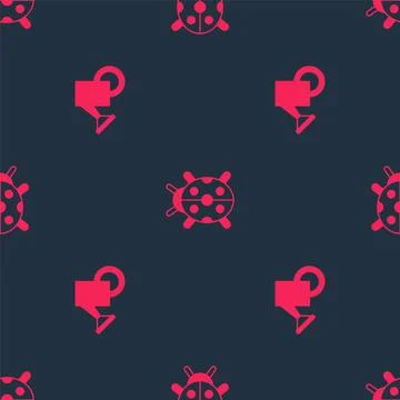 Set Watering can and Ladybug on seamless pattern. Vector Stock Illustration