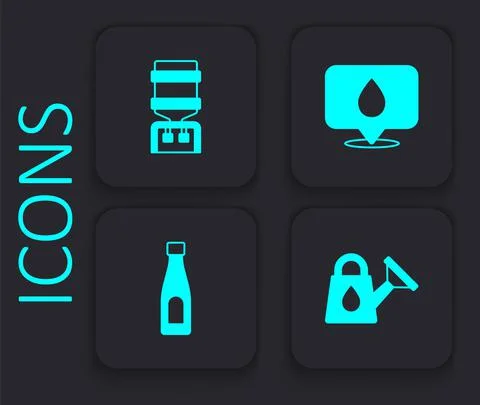 Set Watering can, cooler, drop with location and Bottle of water icon. Black Ilustração Stock