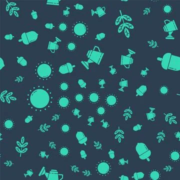 Set Watering can, Leaf or leaves, Sun and Acorn on seamless pattern. Vector Illustrazione stock