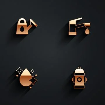 Set Watering can, tap, drop and Fire hydrant icon with long shadow. Vector Stock Illustration