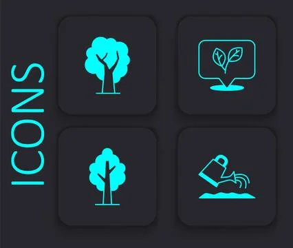 Set Watering can, Tree, Leaf and  icon. Black square button. Vector Stock Illustration