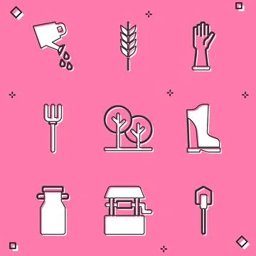 Set Watering can, Wheat, Rubber gloves, Garden pitchfork, Tree, Waterproof .. Stock Illustration