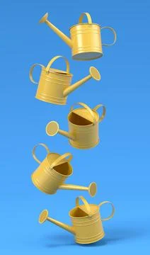 Set of watering cans on blue background. 3d render of gardening equipment tools 스톡 일러스트