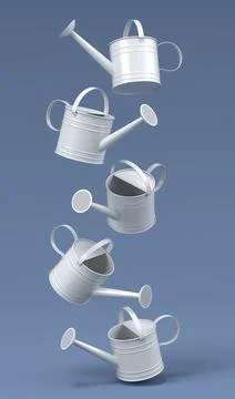 Set of watering cans on grey background. 3d render of gardening equipment too Illustrazione stock