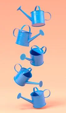 Set of watering cans on orange background. 3d render of gardening equipment.. 스톡 일러스트