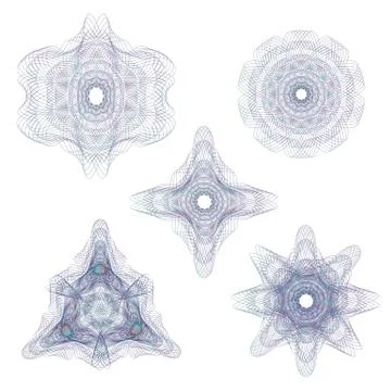 Set of watermarks. 5 complex Guilloche rosettes for banknote, diploma, certif 스톡 일러스트