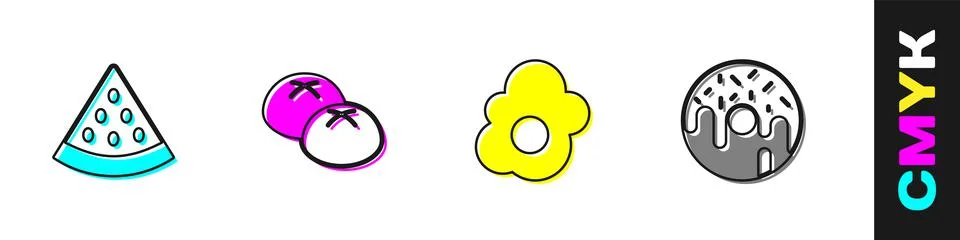 Set Watermelon, Bread loaf, Scrambled egg and Donut icon. Vector 스톡 일러스트