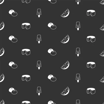 Set Watermelon, Cheese, Bread loaf and Ice cream on seamless pattern. Vector Illustrazione stock