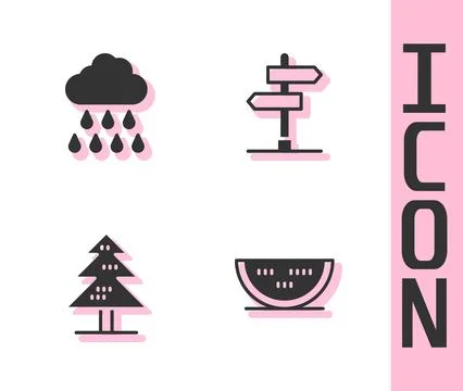 Set Watermelon, Cloud with rain, Tree and Road traffic sign icon. Vector Stock Illustration