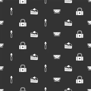 Set Watermelon, First aid kit, Spoon and Piece of cake on seamless pattern... Stock Illustration