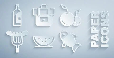 Set Watermelon, Fruit, Sausage the fork, Fish, Hiking backpack and Bottle o.. Stock Illustration