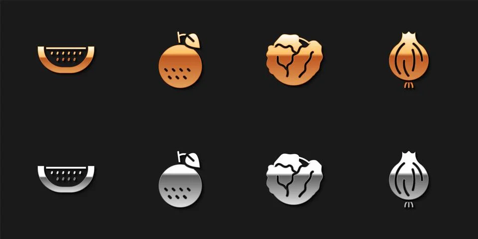 Set Watermelon, Orange fruit, Cabbage and Garlic icon. Vector Stock Illustration