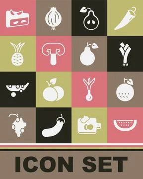 Set Watermelon, Orange fruit, Leek, Pear, Mushroom, Pineapple, Homemade pie.. Stock Illustration