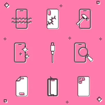 Set Waterproof phone, Mobile with broken screen, Glass protector, USB cable.. Stock Illustration