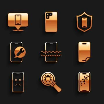 Set Waterproof phone, System bug, Mobile with broken screen, Glass protector 스톡 일러스트