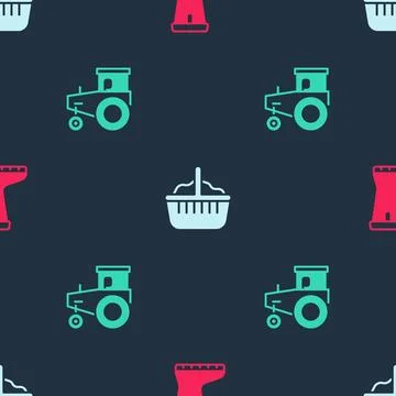 Set Waterproof rubber boot, Basket and Tractor on seamless pattern. Vector Stock Illustration