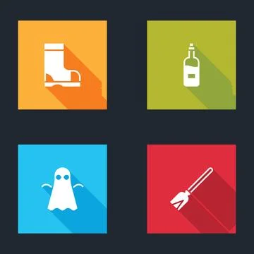 Set Waterproof rubber boot, Bottle wine, Ghost and Handle broom icon. Vector Illustration