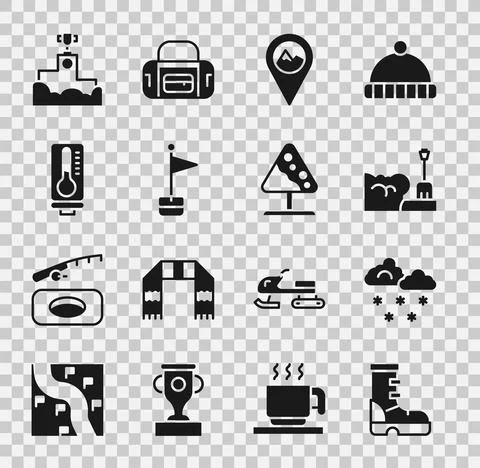 Set Waterproof rubber boot, Cloud with snow, Shovel in snowdrift, Location Illustrazione stock