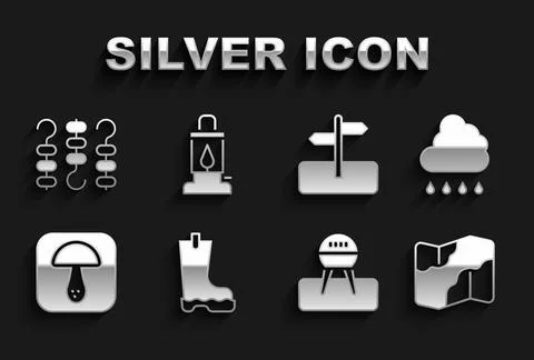 Set Waterproof rubber boot, Cloud with rain, Camping and hiking on map, Barbecue イラスト素材