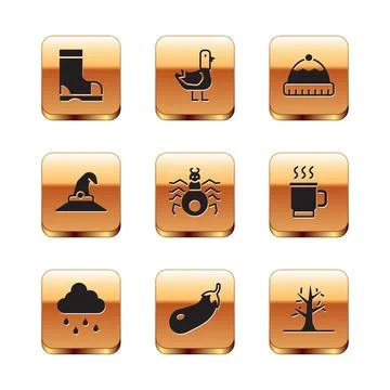 Set Waterproof rubber boot, Cloud with rain, Eggplant, Spider, Witch hat, Winter Stock-Illustration