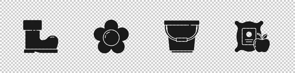 Set Waterproof rubber boot, Flower, Bucket and Apple in the sack icon. Vector Illustration