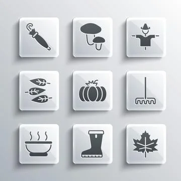 Set Waterproof rubber boot, Leaf or leaves, Garden rake, Pumpkin, Bowl hot soup Stockillustratie