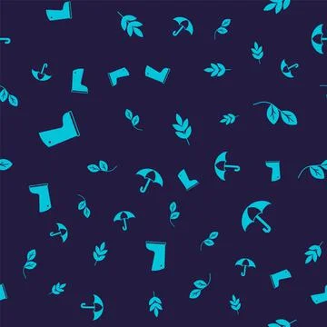 Set Waterproof rubber boot, Leaf, and Umbrella on seamless pattern. Vector Illustrazione stock