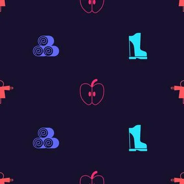 Set Waterproof rubber boot, Roll hay, Apple and Scarecrow on seamless pattern Stock Illustration