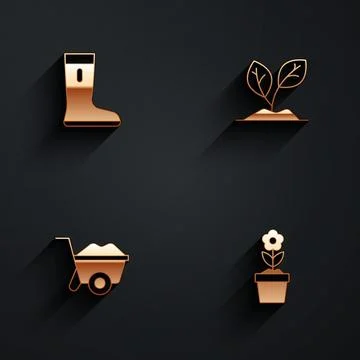 Set Waterproof rubber boot, Sprout, Wheelbarrow and Flower in pot icon with.. Stock Illustration