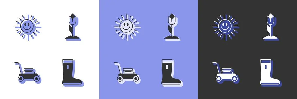 Set Waterproof rubber boot, Sun, Lawn mower and Flower tulip icon. Vector Stock Illustration